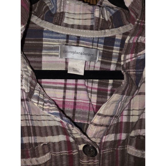 Women's Christopher & Banks Plaid Button Down Shirt L Brown Pink - Picture 2 of 5